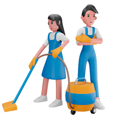Two cleaners with a vacuum and mop